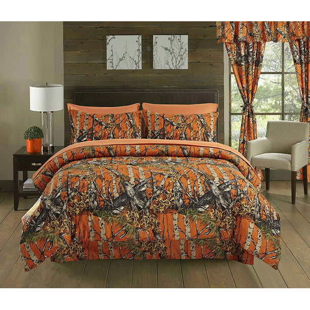 7 PC ORANGE CAMO COMFORTER  WITH NATURAL SHEET SET QUEEN SET CAMOUFLAGE WOODS